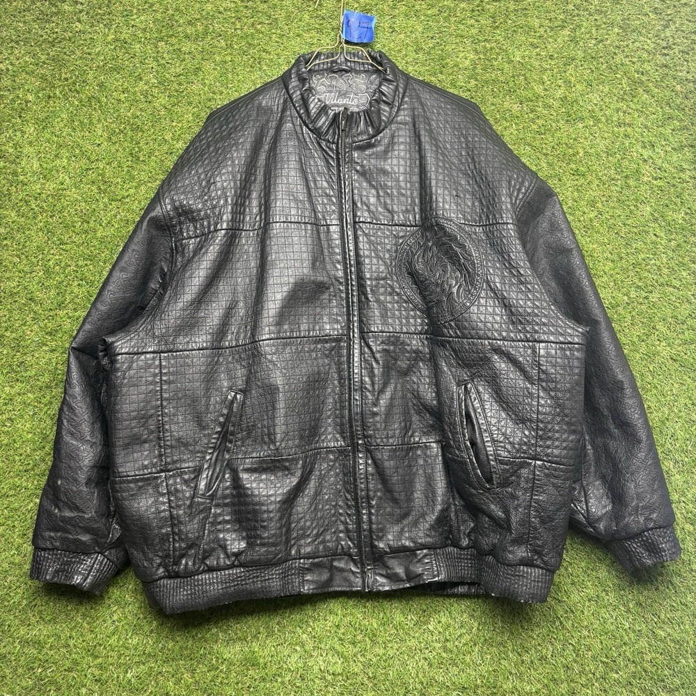 Vilanto Leather Jacket Mens 6XL Black Embossed Full Zip Up Riding Grunge y2k 90s